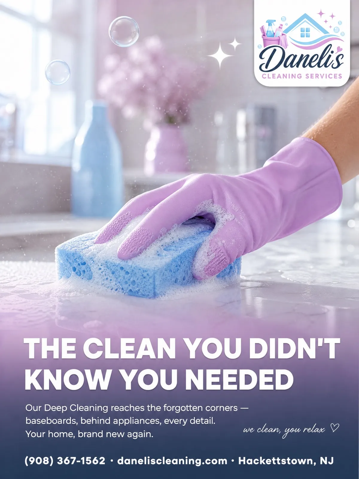 Gloved hand wiping a counter with a soapy sponge — Daneli's deep cleaning