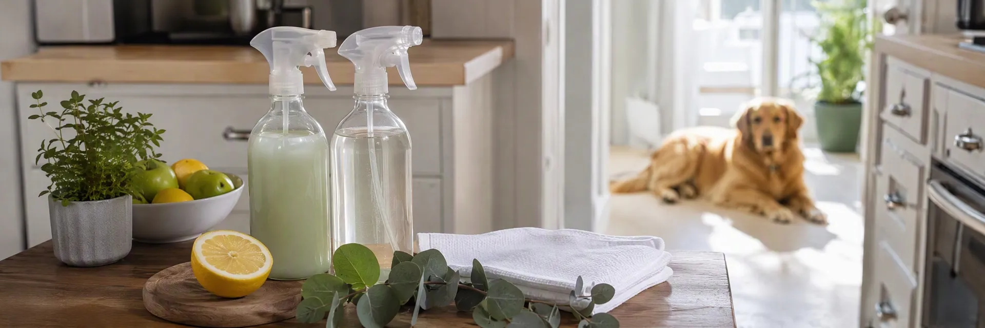 Plant-based cleaning sprays with lemon and eucalyptus on a kitchen counter, dog resting in the background