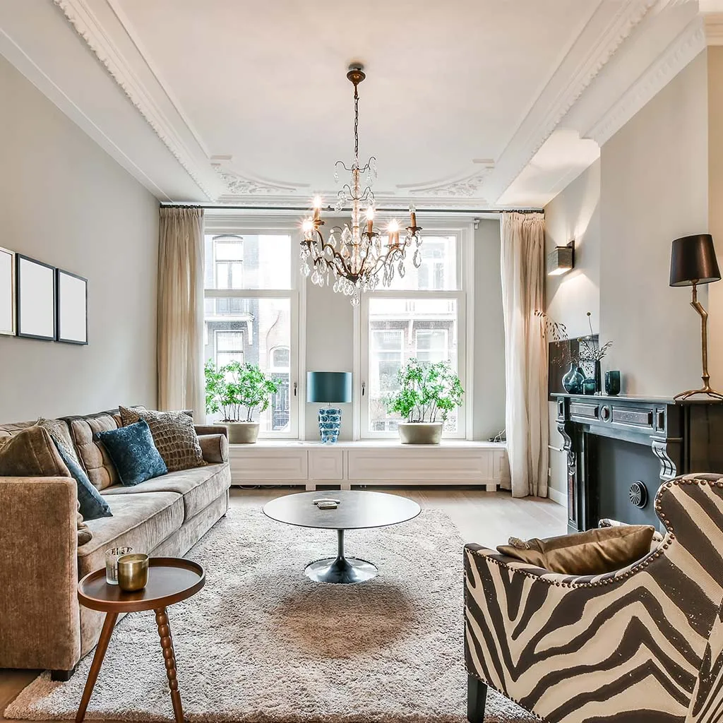 Elegant living room with chandelier and soft natural light