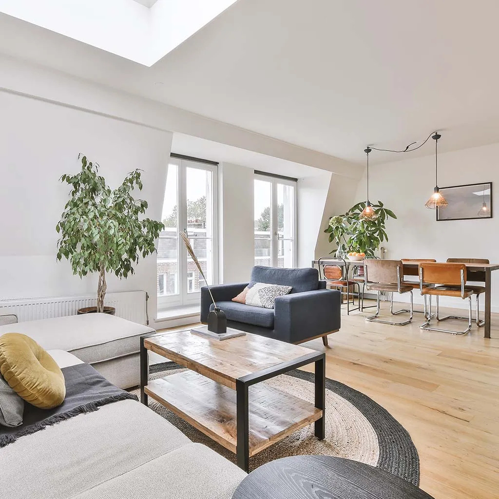 Bright open living and dining room with wood floors